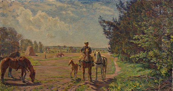 Grose Danische Erntelandschaft Mit Bauer Zu Pferd, Stute Und Fohlen An Einem Sommertag by Borge Christoffer Nyrop