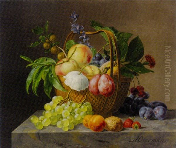 Grapes, Apples, Cherries And Other Fruit With Flowers In Basket, Walnut, Plums, Apricots And Grapes On Marble Ledge by Anthony Oberman