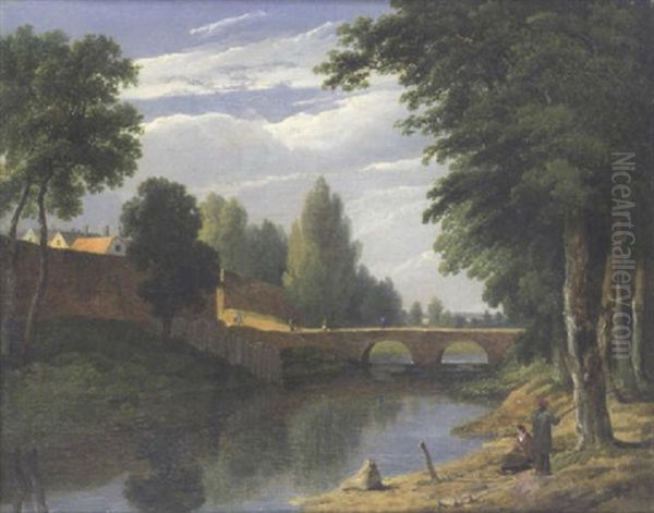 Fisherman On A Riverbank With Figures On A Bridge Outside A Town by James Arthur O'Connor