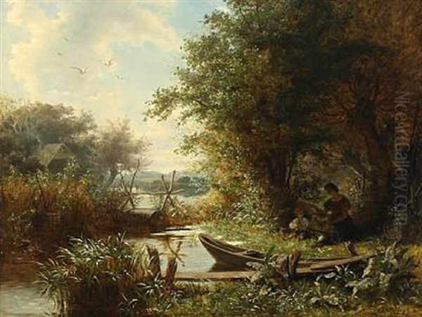 Landscape With Mother And Child By The River by Carl August Heinrich Ferdinand Oesterley