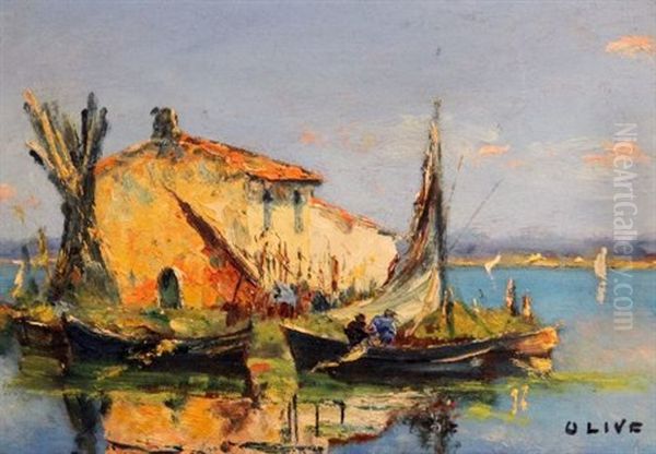 Fishing Boats Beside And Island House, Martigul ?? by Jean Baptiste Olive