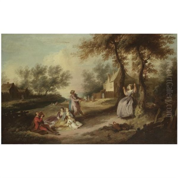 A Family Picnicking In A Landscape With A Gentleman Pulling A Lady On A Swing by Michel Barthelemy Olivier