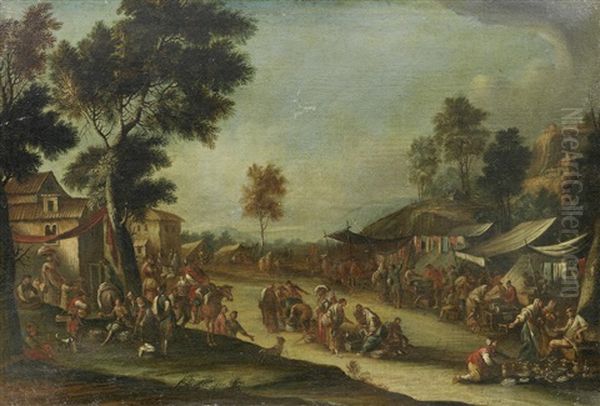 A Market Scene; And A Market Scene With Elegant Figures On Horseback (2 Works) by Pietro Domenico Oliviero