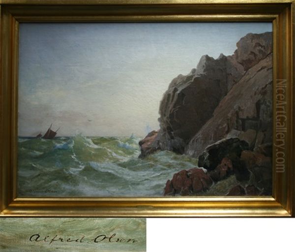 Ships At High Tide From The Rocky Shore by Alfred Olsen