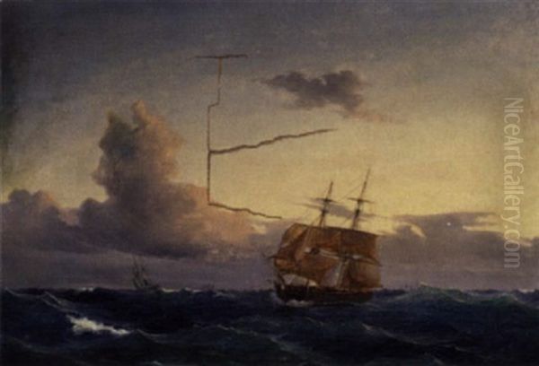 Marine Med Sejlskibe I Solnedgangen by Carl Julius Emil Olsen