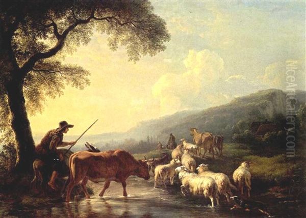 An Extensive Hilly Landscape With Shepherds And Their Herd Of Cows, Sheep, Goats And Donkeys Fording A Stream At Sunset by Balthasar Paul Ommeganck