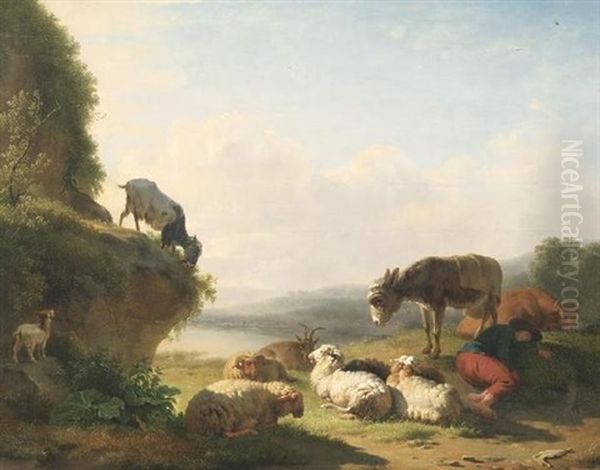 Schlafender Hirte Mit Ziegen, Schafen, Einer Kuh Und Einem Maultier by Balthasar Paul Ommeganck