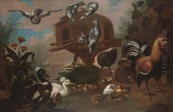 Pigeons On A Bird House With A Cockerel, Mallard And Other Birds Amongst Reeds On A Riverbank by Adriaen van Oolen