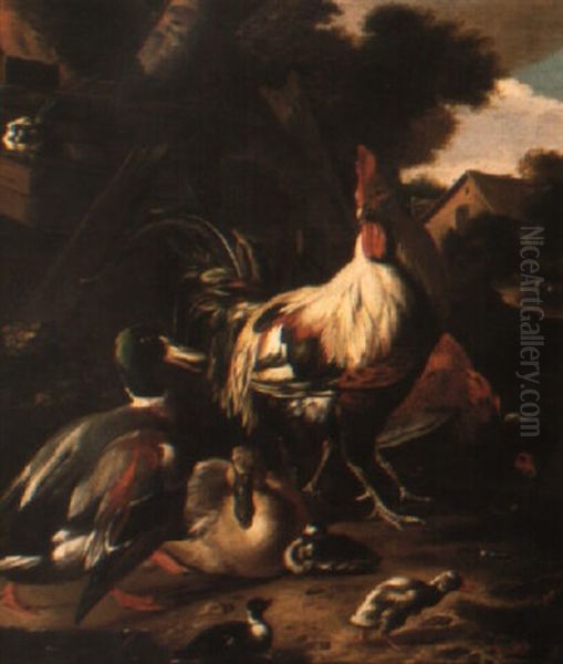 A Cockerel With Ducks In A Farmyard by Adriaen van Oolen