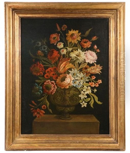 Floral Still Life With Romanesque Vase On Plinth by Maria van Oosterwyck