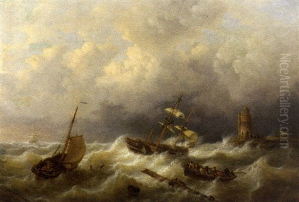 Voilier Dans La Tempete Pres D'un Phare by George Willem Opdenhoff