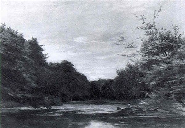 A River Landscape With A Man In A Rowing-boat by Willem Johannes Oppenoorth