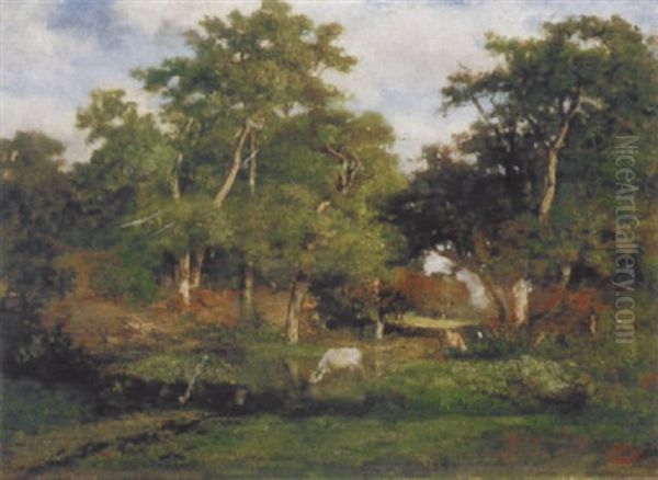 Baumlandschaft Mit Weidenden Kuhen by Francois Auguste Ortmans