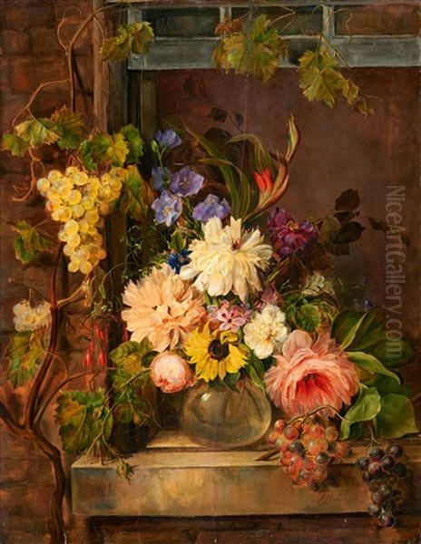 Groses Stillleben Mit Sommerblumen Und Weintrauben by Georgius Jacobus Johannes van Os