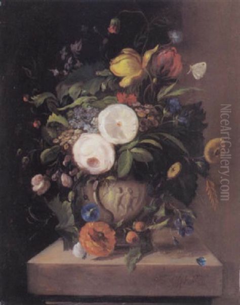 Blumenstilleben Mit Sommerblumen In Einer Vase, Die Auf Einem Steinsockel Steht by Georgius Jacobus Johannes van Os