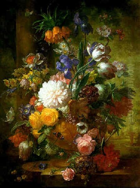 A Still Life Of Flowers In A Terracotta Urn On A Stone Ledge by Georgius Jacobus Johannes van Os