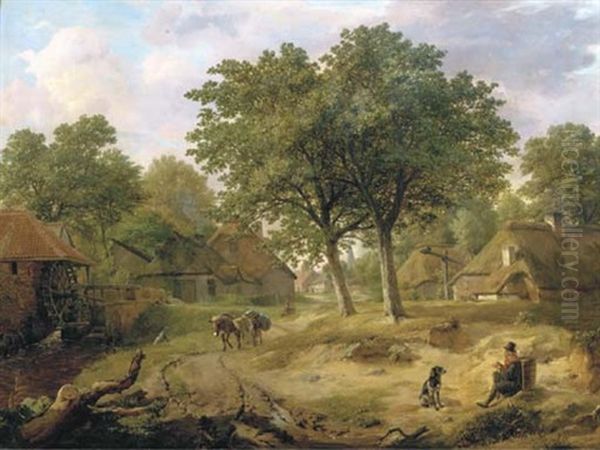 A Traveller On The Outskirts Of A Rural Village By A Watermill by Pieter Gerardus Van Os