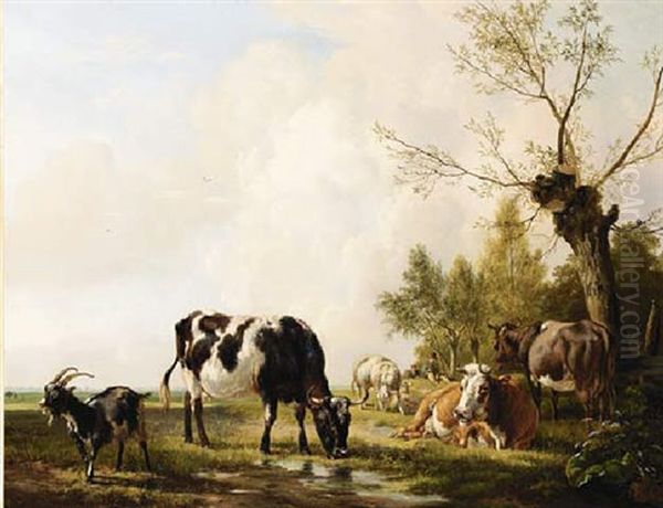 A Summer Landscape With Watering Cattle by Pieter Gerardus Van Os