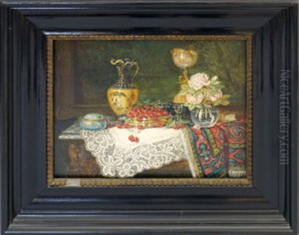 Still Life With Cherries, Nautilus Shell Cup And Roses by Josefine Osnaghi