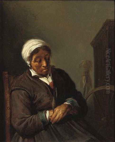 An Old Woman At A Spinning Wheel by Adriaen Jansz van Ostade