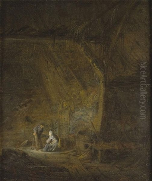 A Barn Interior With Two Peasants Conversing by Adriaen Jansz van Ostade