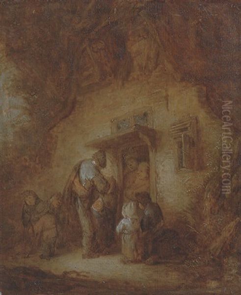 A Hurdly-gurdy Player With A Children At A Cottage Door by Adriaen Jansz van Ostade