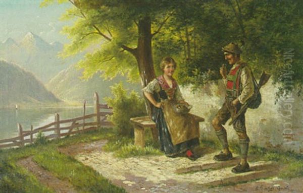 Jager Und Dirndl Am Ufer Des Gebirgsees by Carl Ostersetzer