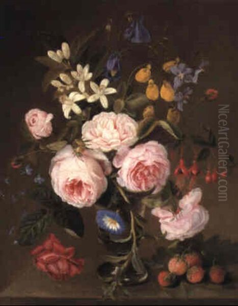 Flowers In A Vase With Strawberries On A Ledge by Otto Didrik Ottesen