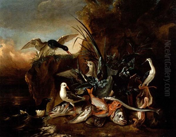 Stilleben Mit Vogeln Und Fischen Am Wasser by Jean-Baptiste Oudry