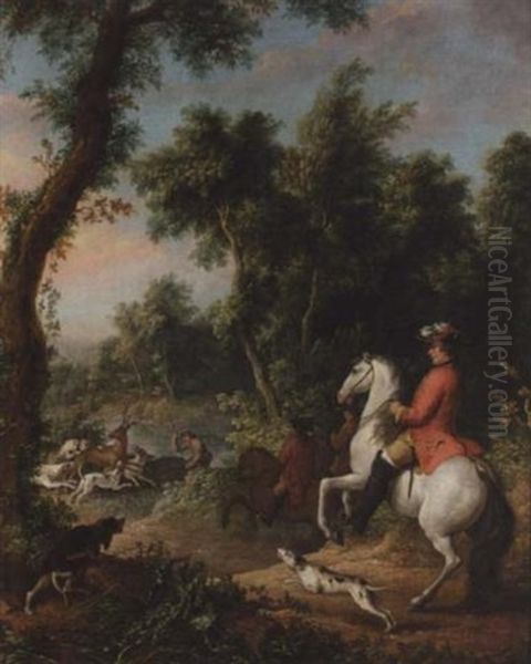 A Wooded Landscape With Three Gentlemen On Horses Hunting Down A Stag With Their Dogs by Jean-Baptiste Oudry