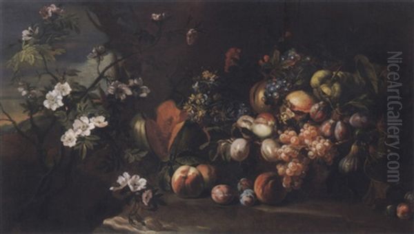 Still Life Of Fruits And Flowers On The Ground Before A Rock In A Landscape by Jean-Baptiste Oudry