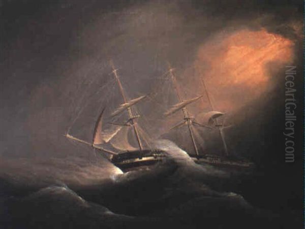 Three Masted Brig In Stormy Seas by Philip John Ouless