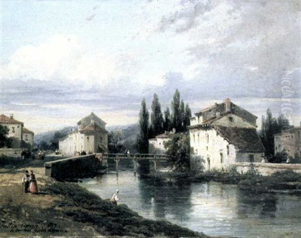 Village Au Bord De La Riviere by Pierre Justin Ouvrie