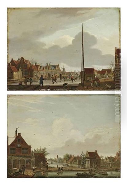 A View Of The Overtoom, Amsterdam, In Winter, With The Kostverloren Wetering To The Left And The Overtoomse Vaart... (+ A View Of The Polderhuis...; Pair) by Isaac Ouwater