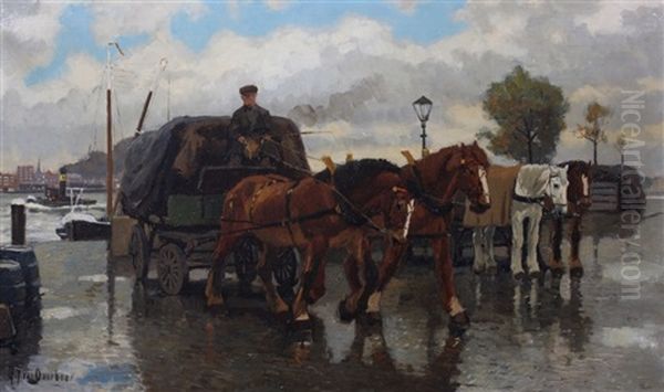 Sleperswagen Op De Kade by Gijsbertus Johannes Van Overbeek