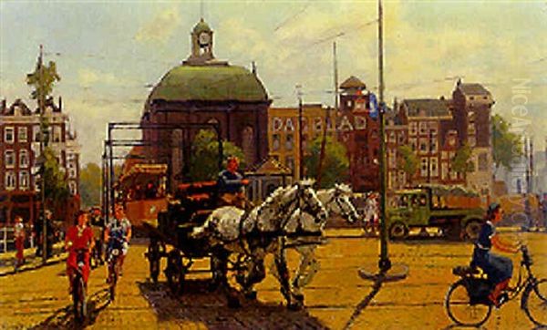 A Summerday In Rotterdam With Cyclists By The Lutheran Church Near Glashoven And Blaak by Gijsbertus Johannes Van Overbeek