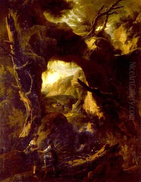 An Italianate Landscape With Figures By A Stream by Michele Pagano