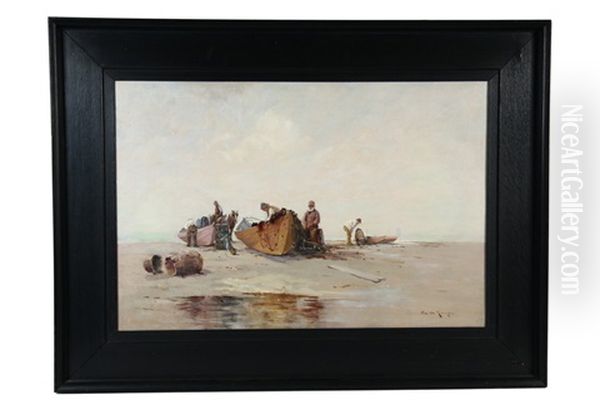 Fisherman Repair Nets On Beached Dories by Edward A. Page