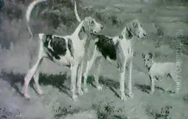 Pastime, Passionate And Jock: Two Hounds And A Terrier In A Landscape by George Paice