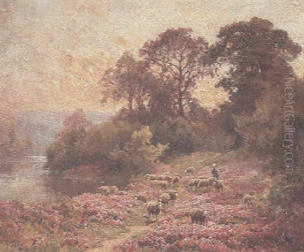 A Spring Landscape With A Shepherd With His Flock In A Flowering Field By A River by Edouard Pail