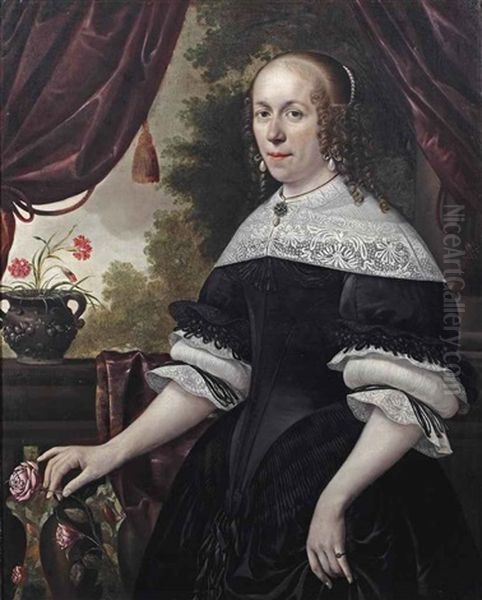 Portrait Of A Lady, Three-quarter-length, In A Black Dress With White Lace, A Pearl And Granite Parure And Pearls In Her Hair, Holding A Pink Rose... by Anthonie Palamedesz