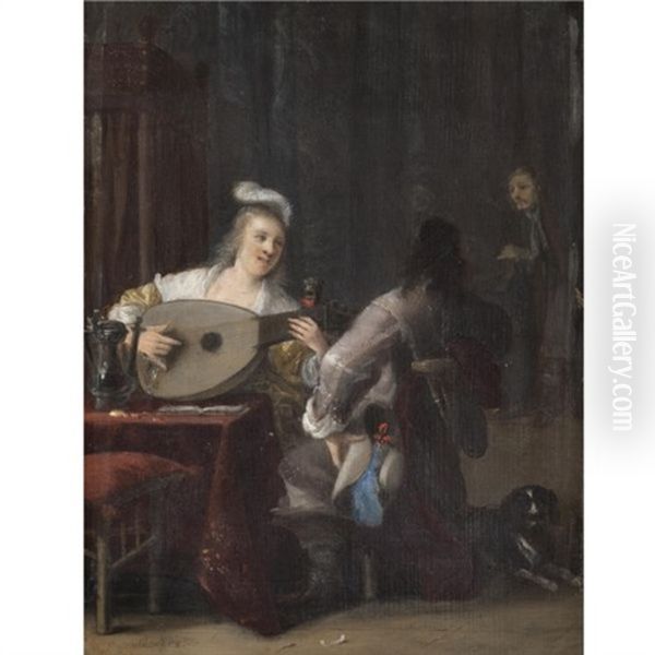 A Tavern Interior With A Lady Playing A Lute And A Courting Cavalier Kneeling Beside Her by Anthonie Palamedesz