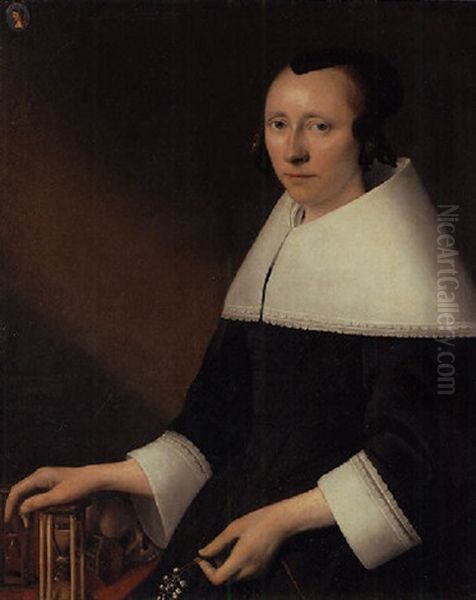 Portrait Of A Lady In A Black Dress With A White Falling Collar And Cuffs, A Medallion Of A Man Depicted Upper Right by Anthonie Palamedesz