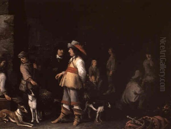 Interior With Huntsmen And Their Dogs by Anthonie Palamedesz