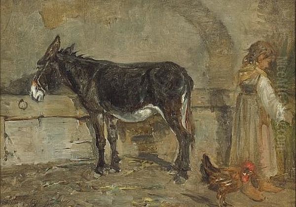 A Barn Interior With A Donkey And A Figure by Filippo Palizzi