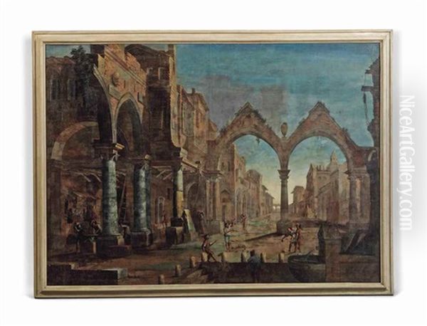 An Architectural Capriccio With Workers And Figures Playing Biglie by Pietro Paltronieri