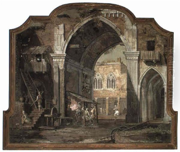 Architectural Capricci With Peasants Working At A Blacksmith's Forge by Pietro Paltronieri