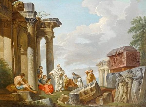 A Capriccio With Classical Figures Among Roman Ruins, Including Trajan's Column...(+ A Capriccio Of A Saint Preaching To Classical Figures...; Pair) by Giovanni Paolo Panini