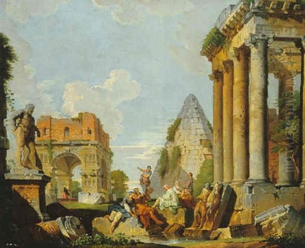 Personnages Parmi Les Ruines De Temples Antiques Avec L'hercule Farnese Et La Pyramide Cestia by Giovanni Paolo Panini