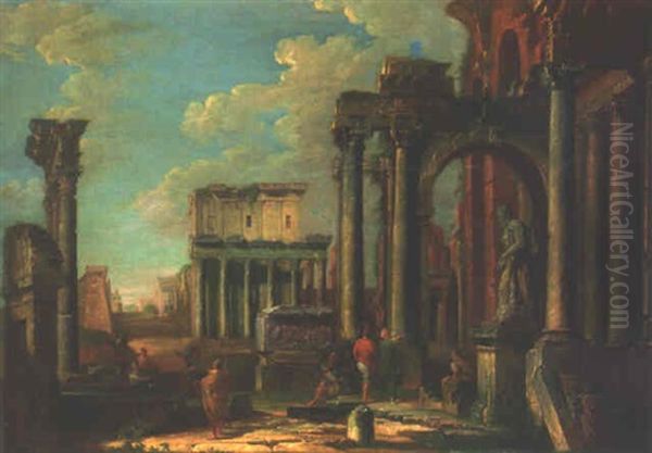 A Capriccio Of Roman Ruins With The Temple Of Antonio And Faustina And Soldiers by Giovanni Paolo Panini